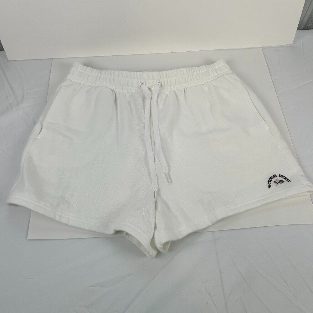 Victoria Secret White Fleece Graphic Shorts Large NWT